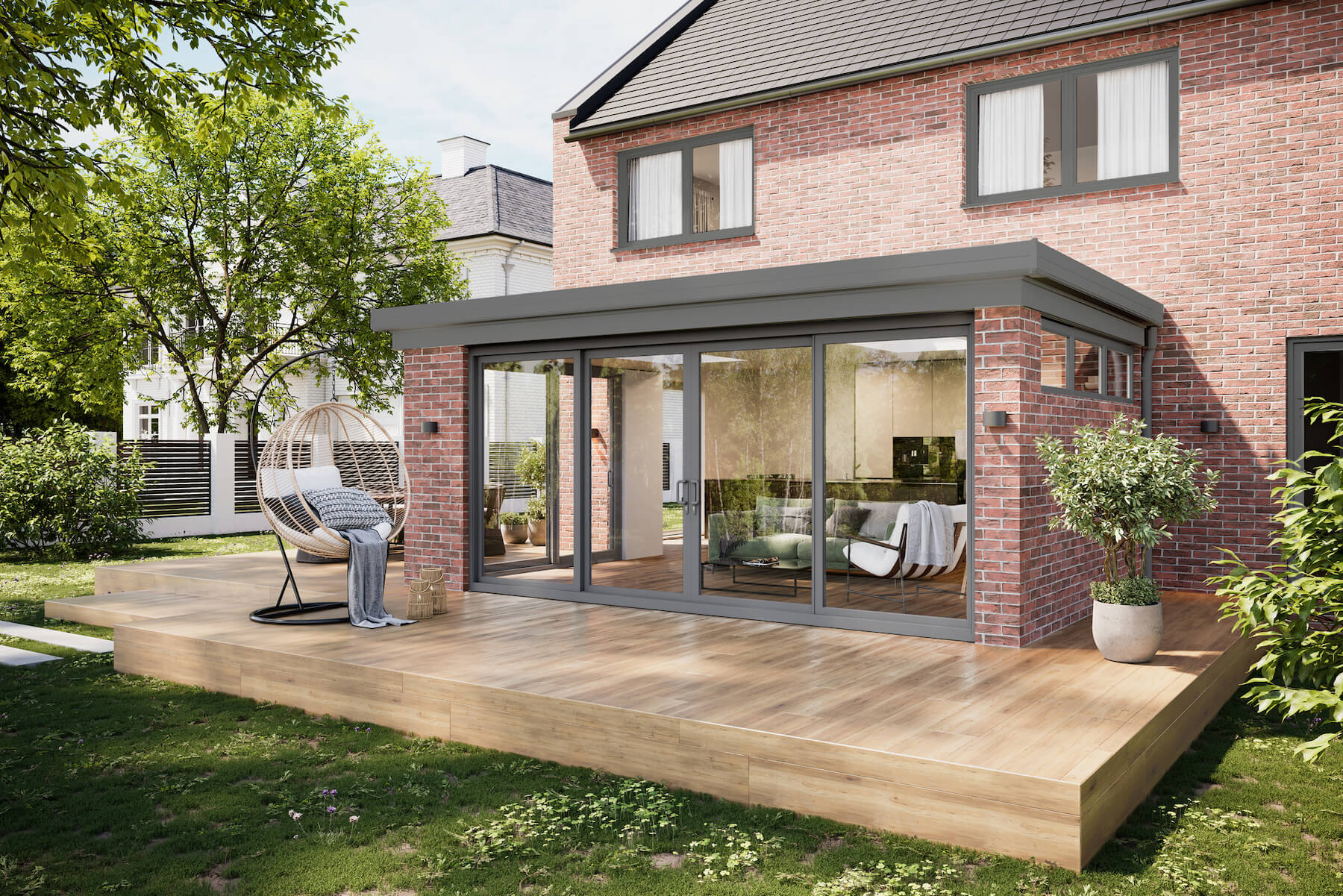 modern brick sunroom with plants and hanging chair