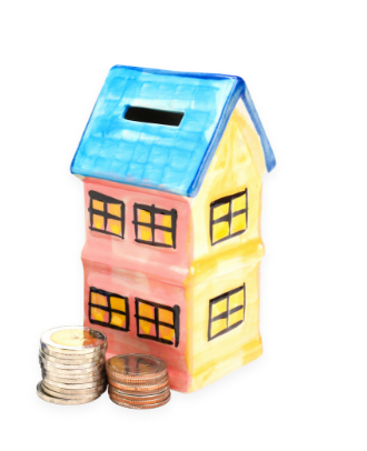 small model colourful house with coins