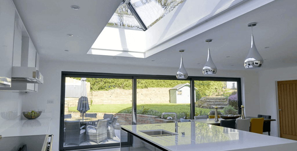 modern white kitchen with lantern roof