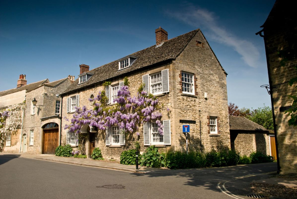 large cottage with new white upvc windows flanked by blooming purple flowers on the facade of the house